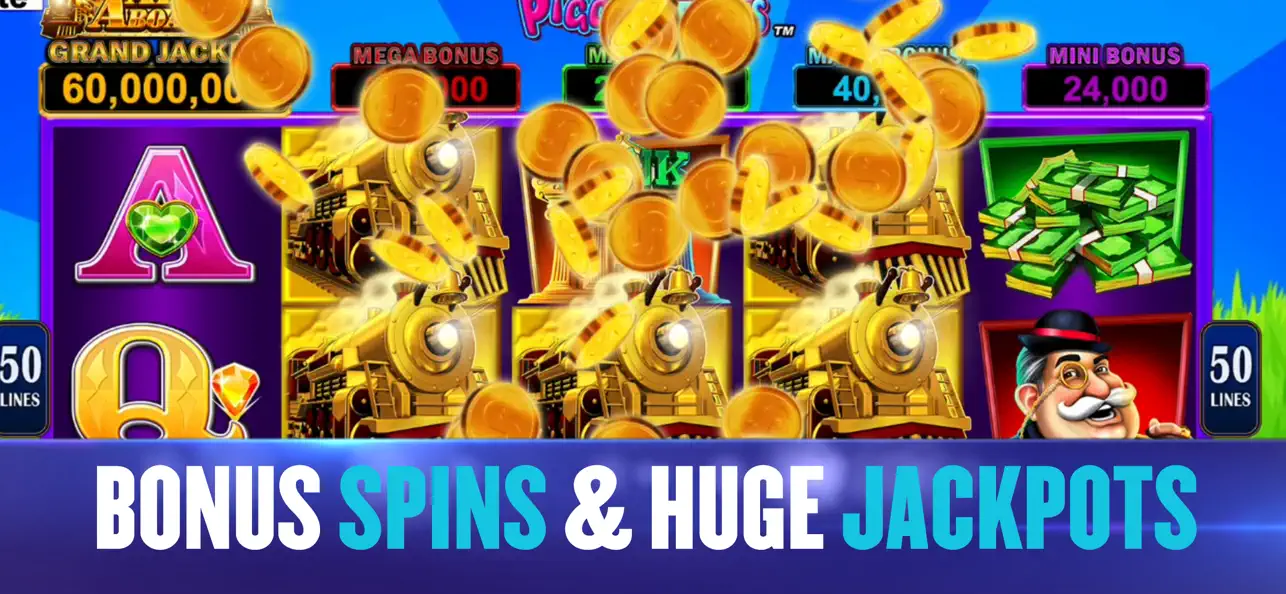 Hard Rock Jackpot Casino app screenshot showing bonus spins and huge jackpots with trains and coins
